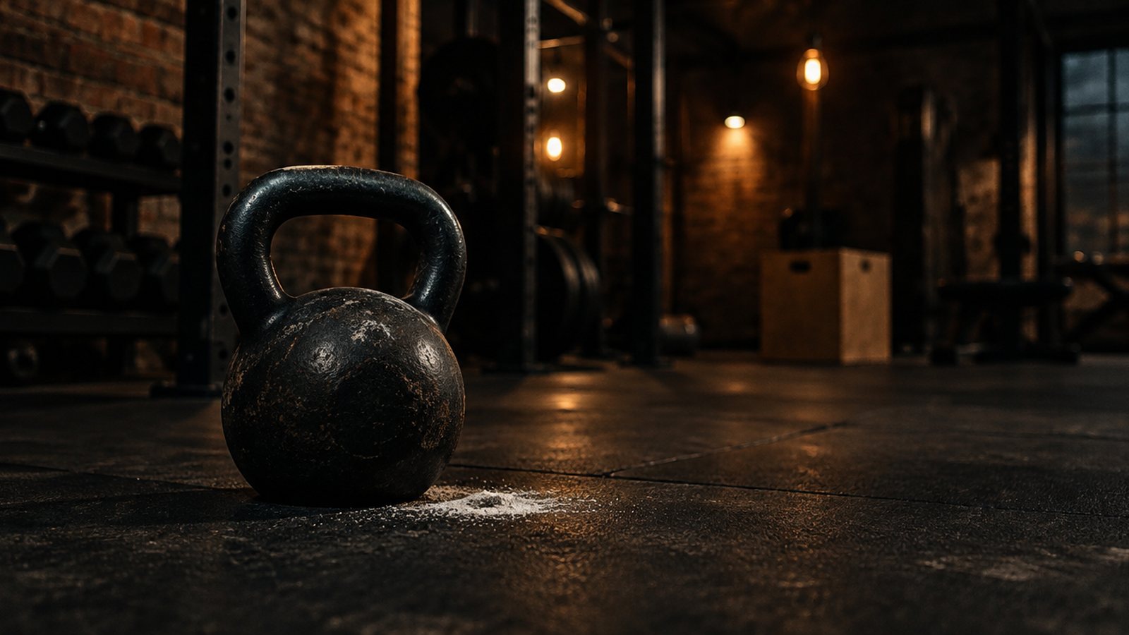 A cast iron kettlebell on the floor of a dim, brick-walled gym
