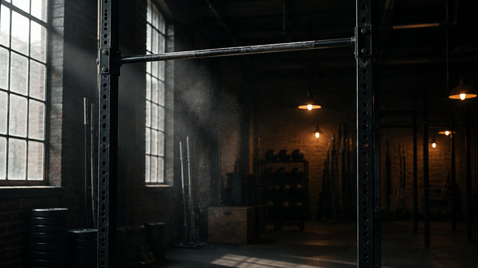 A pull-up bar mounted between steel uprights in a quiet, window-lit gym