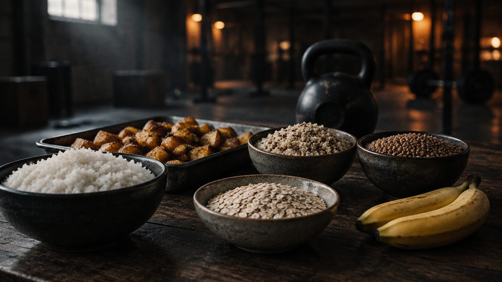 Bowls of rice, oats, quinoa and lentils with roasted potatoes and bananas