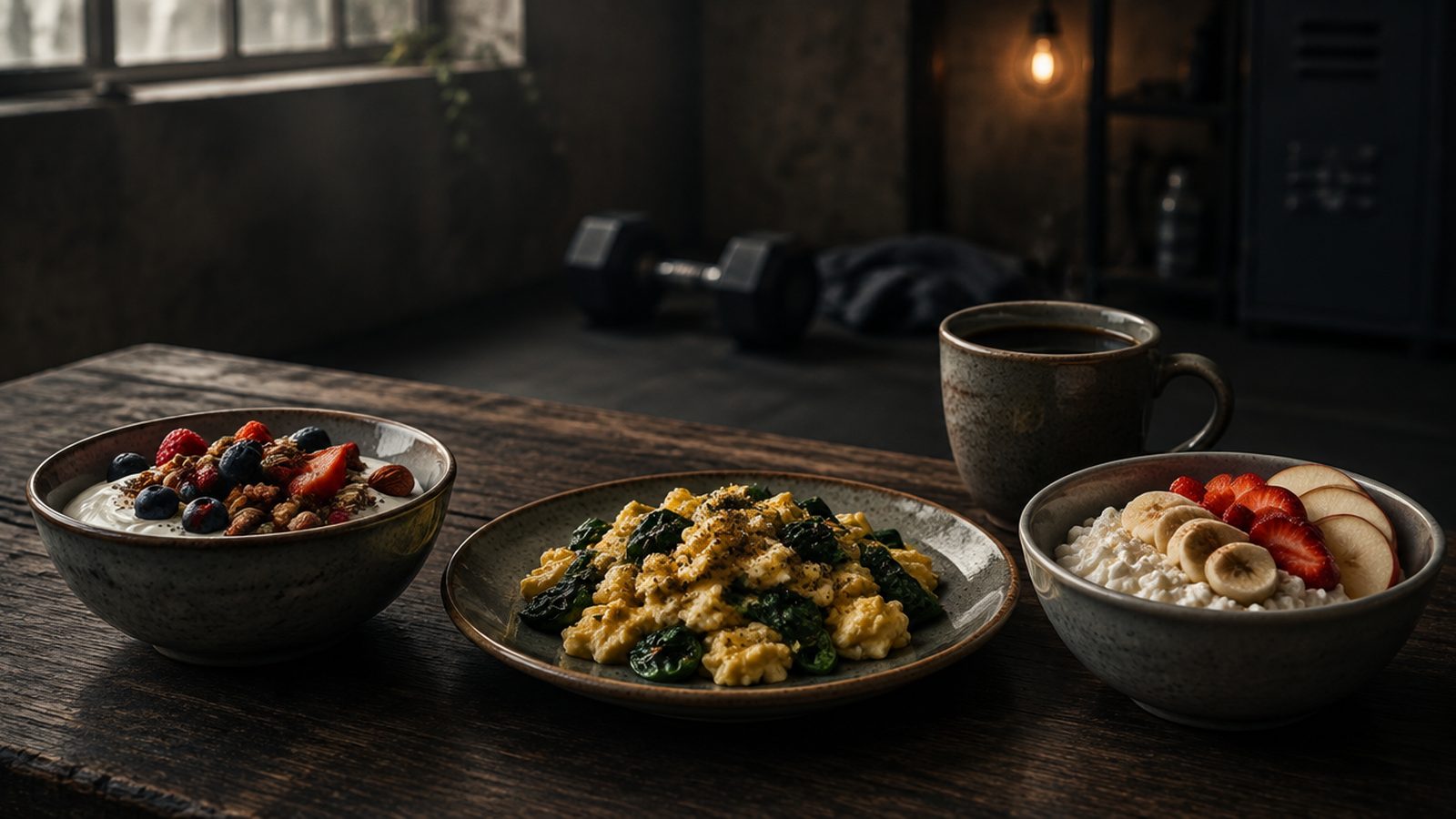 Three breakfasts on a wooden table: yogurt with berries, scrambled eggs with spinach, and oats with banana