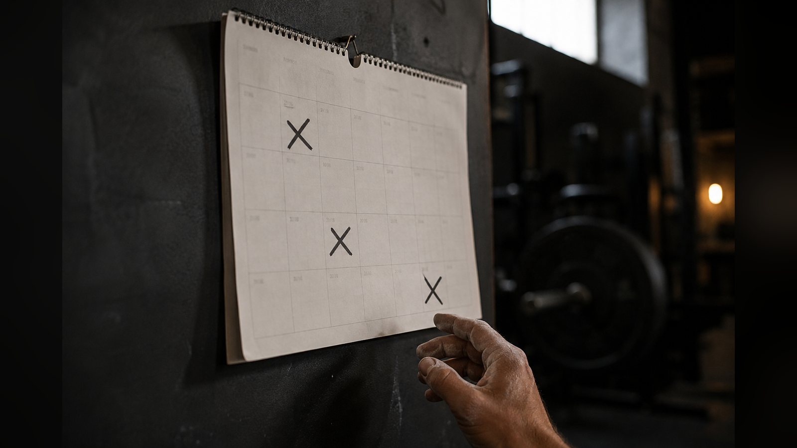 A hand marking crosses on a paper training calendar pinned to a gym wall