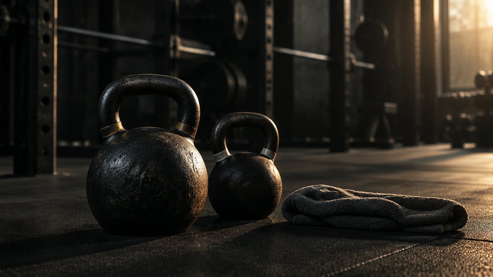 Two kettlebells and a coiled strap on a gym floor