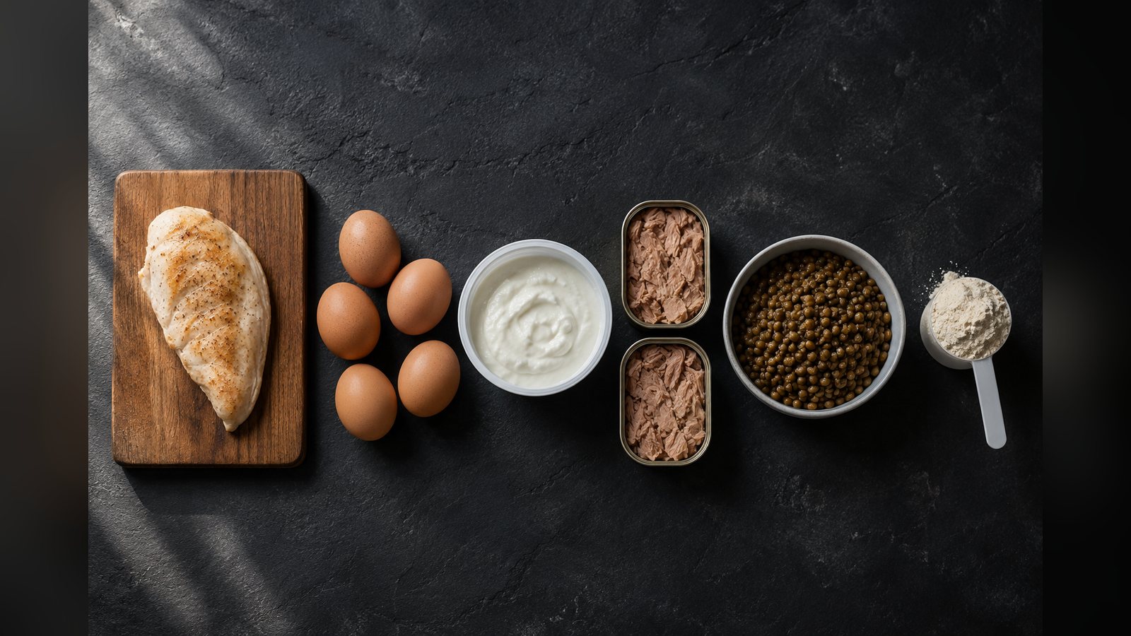 Protein foods laid out in a row: chicken breast, eggs, yogurt, tinned fish, lentils and a scoop of protein powder