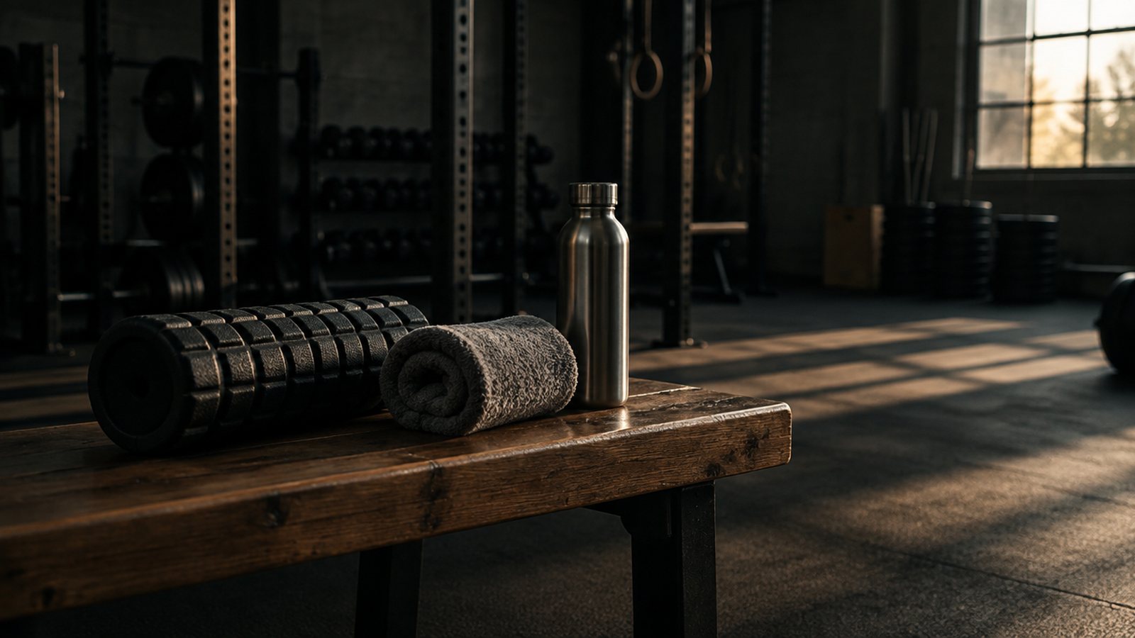 A foam roller, a rolled towel and a steel water bottle on a wooden gym bench