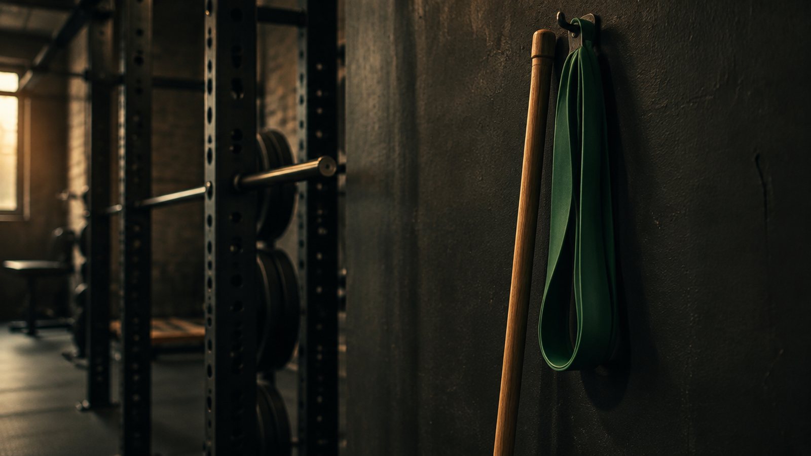 A green resistance band and a wooden mobility stick hanging on a gym rack