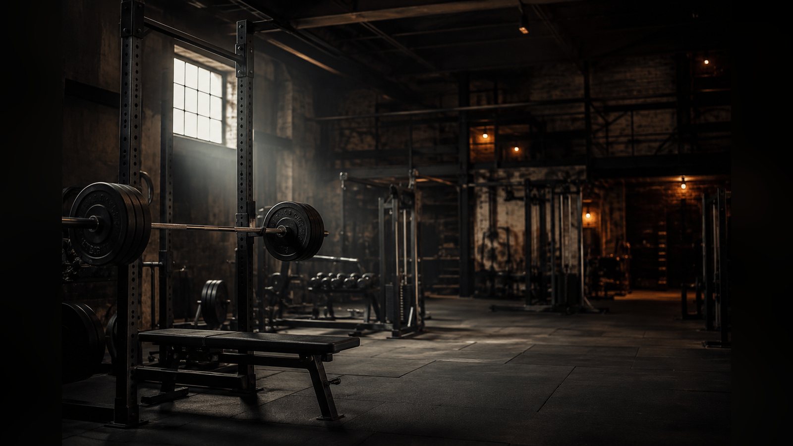 An empty gym with a barbell on a rack and morning light through the windows