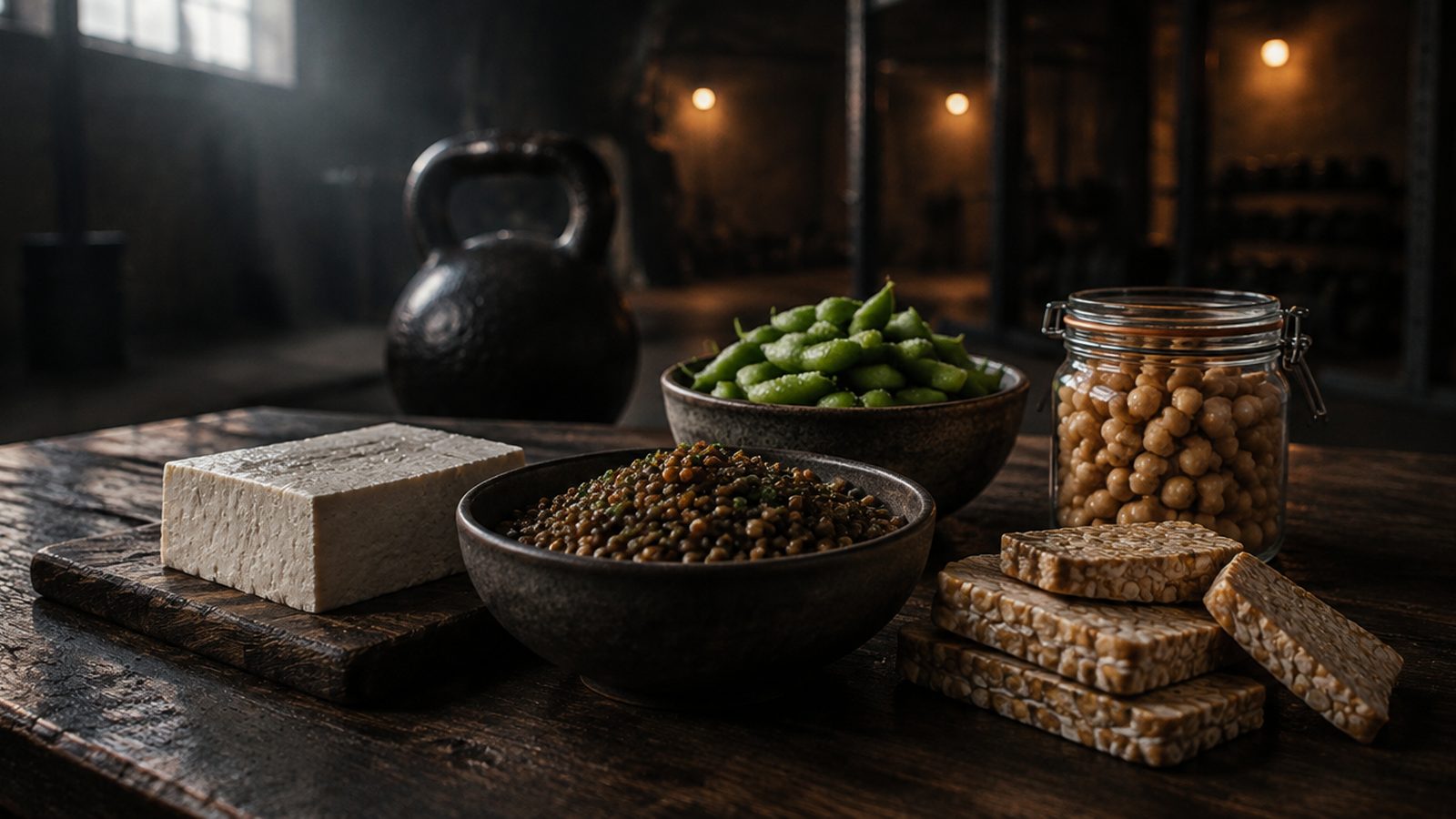 Plant proteins on a table: tofu, edamame, lentils, chickpeas and tempeh, with a kettlebell behind