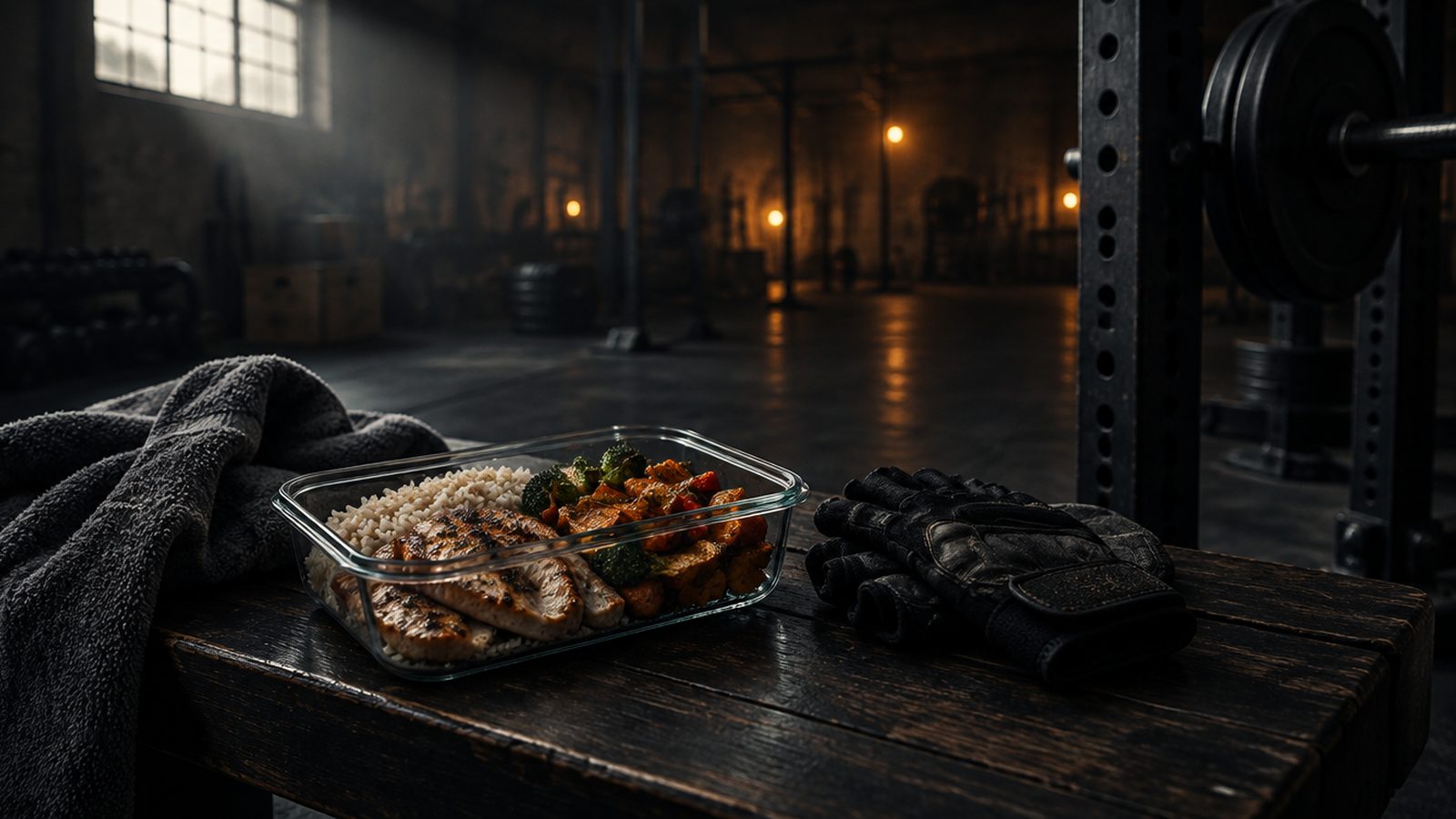 A meal-prep container of grilled chicken, rice and vegetables beside a towel and lifting gloves